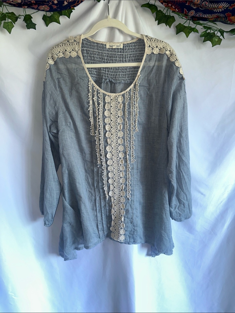 Women's blue Tunic with Cream Lace Trim